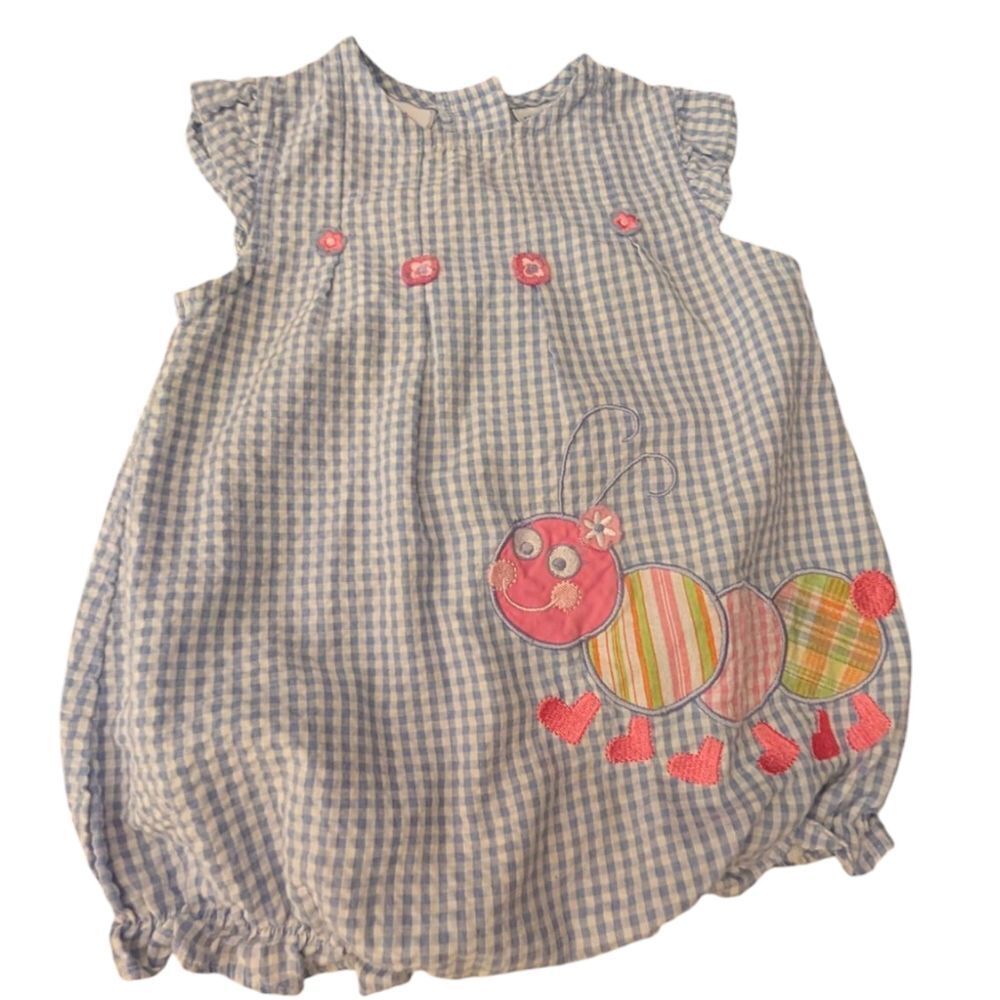 Infant Girls Vintage ‎ Blue Seersucker Embroidered Caterpillar Bubble Romper